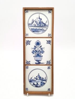 Vintage Dutch Delft Blue Style Framed Tile Trio
